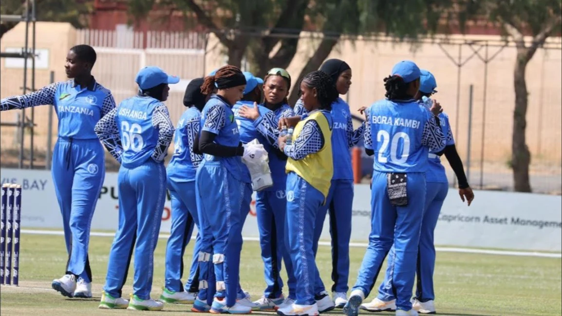 
Tanzania's senior national women's cricket team players celebrate a wicket they got when they came up against Kenya in the 2025 ICC Women's T20 World Cup Africa Qualifier's clash in Namibia on Monday. 
