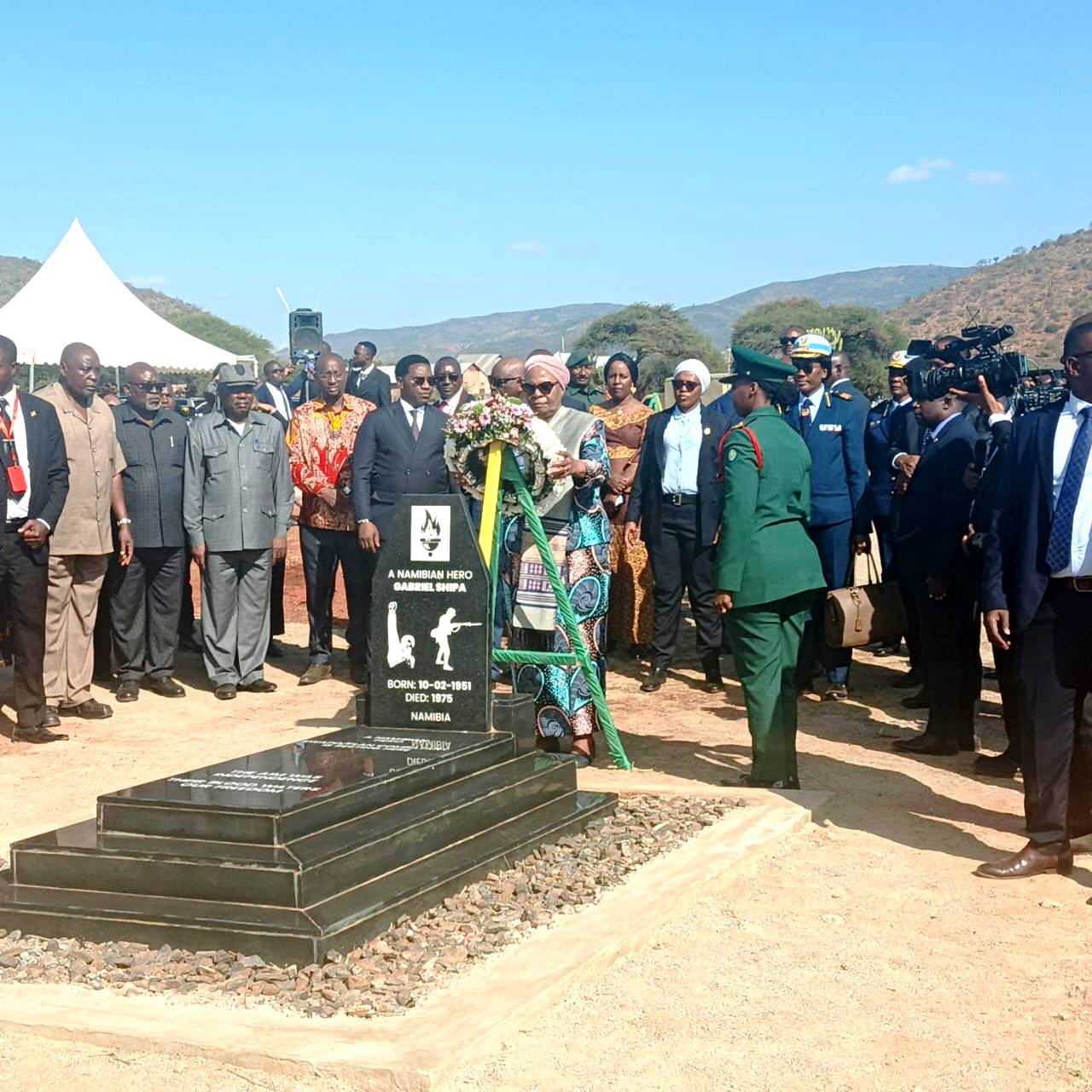Namibian President Netumbo Nandi-Ndaitwah, who is on a State Visit to Tanzania, lays a wreath at one of the graves of her country’s fallen freedom fighters in Kongwa District, Dodoma Region, yesterday. 